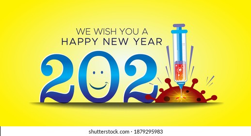 "2021" Happy New Year typography text with Covid 19 coronavirus vaccine injection background. Celebration ideas, Stay Safe, calligraphy, safety mask and immunity medicine to immunization