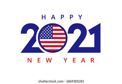 2021 Happy New Year USA patriotic banner with numbers and flag in zero. Digits US vector illustration with holiday typography for greeting card or poster