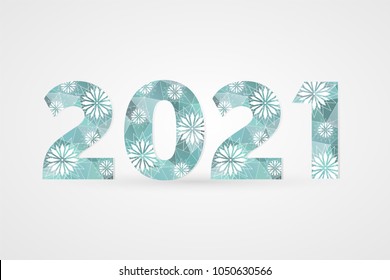 2021 Happy New Year vector illustration. Winter holiday snow symbol for celebration. Decorative polygonal sign with snowflakes. Blue and white geometric decoration