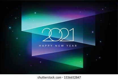 2021 Happy New year vector illustration - aurora borealis Northern lights in the sky - black, green, purple, blue colors - 2021 new year save the date banner 