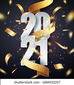 2021 Happy New Year vector background with golden gift ribbon, confetti, white numbers. Christmas celebrate design.