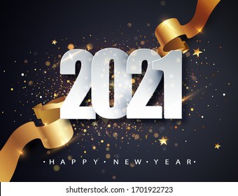 2021 Happy New Year vector background with golden gift ribbon, confetti, white numbers. Christmas celebrate design. Festive premium concept template for holiday.