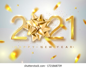 2021 Happy New Year vector background with golden gift bow, confetti, white numbers. Winter holiday greeting card design template. Christmas and New Year posters.