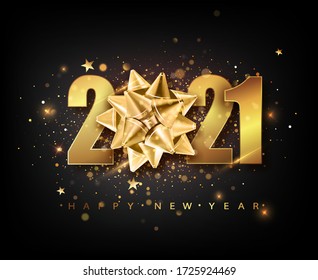 2021 Happy New Year vector background with golden gift bow, confetti, white numbers. Winter holiday greeting card design template. Christmas and New Year posters