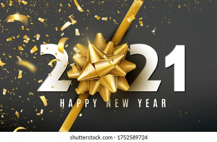 2021 Happy New Year vector background with golden gift bow, confetti, white numbers. Christmas celebrate design. Festive premium concept template for holiday.