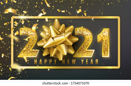 2021 Happy New Year vector background with golden gift bow, confetti, shiny glitter gold numbers and border. Christmas celebrate design. Festive premium concept template for holiday
