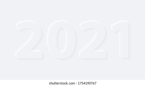 2021. Feliz año nuevo. Palabras vectoras. Icono de tipo de carácter de efecto neumórfico de gradiente blanco brillante. Símbolo gris de Internet aislado en un fondo.