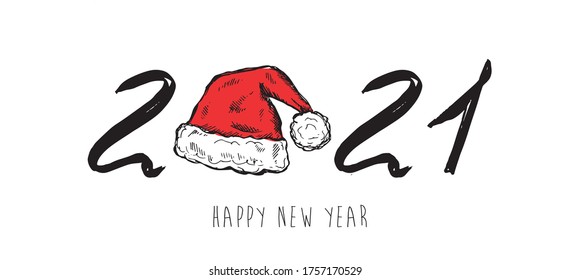 2021 Feliz Año Nuevo. Vector. Santa Hat Hand dibujó la ilustración.