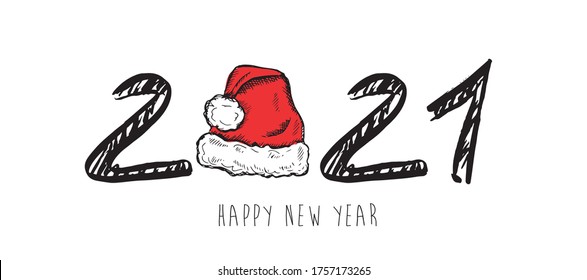 2021 Happy New Year. Vector. Santa Hat Hand drawn illustration.