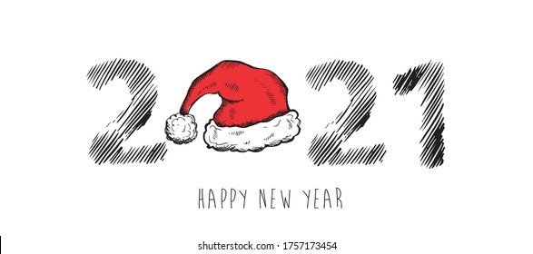 2021 Happy New Year. Vector. Santa Hat Hand Drawn Illustration.