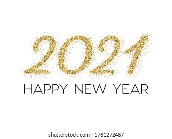 2021 Happy New Year vector poster. Confetti particles gold number lettering. Happy New Year wishes in black, 2021 of confetti scatter. Chic celebration banner.