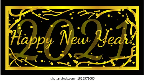 2021 Happy New Year vector illustration, new year banner in gold and black colors with confetti
