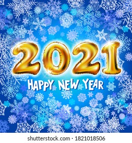2021 Happy New Year - vector illustration of golden ballons 2021 logo numbers on blue snow background art