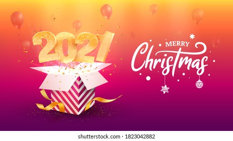 2021 Happy New Year vector illustration. Xmas celebrate on purple background. Merry Christmas celebration. Golden numbers fly out gift box