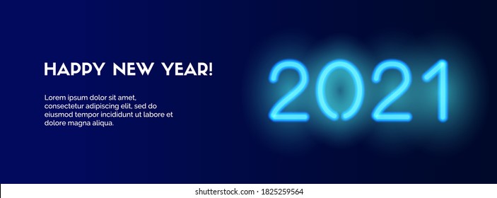 Cartel de Feliz Año Nuevo 2021. Números de neón azul 2021 en un fondo oscuro con texto. Cartel de encabezado de medios sociales