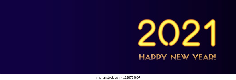 2021 Happy New Year vector long banner. Golden 2021 numbers on a dark background. Holiday header for social media with copy space for text