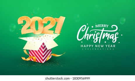 2021 Happy New Year vector illustration. Xmas celebrate green background. Merry Christmas celebration. Golden numbers fly out red gift box