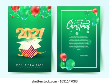 2021 Happy New Year vector invitation card. Merry Christmas celebration brochure. Template Xmas celebrate card on blue background for print on green background