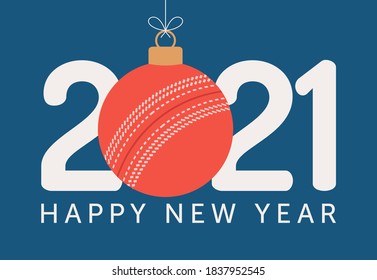 2021 Feliz Año Nuevo ilustración vectorial. Tarjeta de felicitación deportiva de estilo plano con una bola de cricket sobre el fondo azul. Ilustración vectorial.