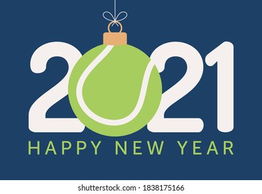 2021 Happy New Year vector illustration. Flat style Sports greeting card with a tennis ball on the blue background. Vector illustration.