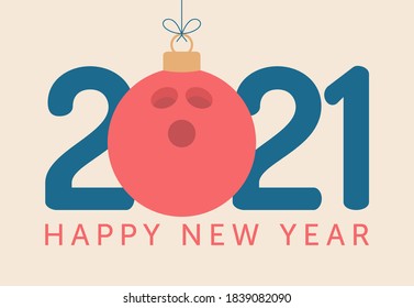 2021 Frohes Neujahr, Vektorgrafik. Flat-Style Sportgrußkarte mit Bowlingball auf dem Hintergrund. Vektorgrafik.