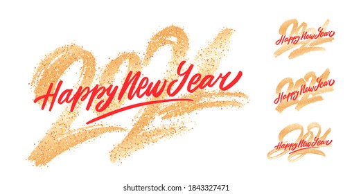 2021. Happy New Year. Vector gold glitter lettering greeting cards set.