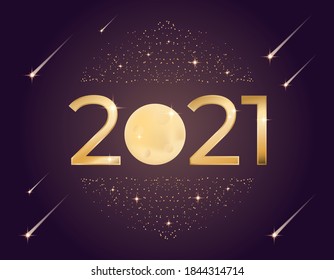 2021, happy new year vector. The number 2021 is golden in color with a sparkle effect. falling star and full moon decorations. for design element, calendar, background, banner, greeting card.