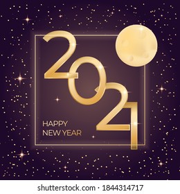 2021, feliz vector de año nuevo. El número 2021 es de color dorado con un efecto espumoso. decoración estrella y luna llena. fondo del espacio. para elementos de diseño, calendario, fondo, banner, tarjeta de saludo