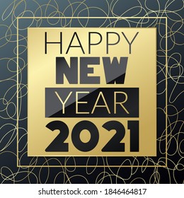 2021 Happy New year vector. Golden and black greeting card. Glowing gold banner with lines for celebration, congratulation, web, design, decoration, holiday