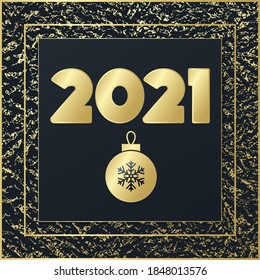 2021 Feliz Año Nuevo tarjeta de saludo vectorial. Icono brillante con fondo dorado. Cartel de celebración, felicitación, diseño web, decoración