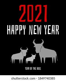 2021 Feliz Año Nuevo. Ilustración vectorial de los saludos de Feliz Año Nuevo. Año del toro de metal. Cartel, postal, tarjeta de saludo