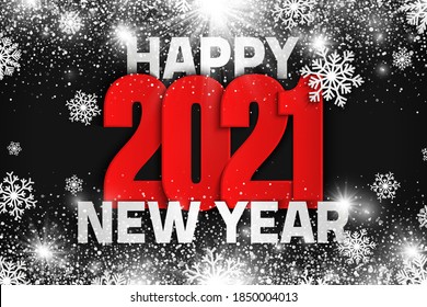 Plantilla De Tarjeta De Saludo De Ilustración De Vectores De Año Nuevo Feliz 2021 Con Nieve Y Luces Resumen. Texto 3D Feliz Año Nuevo 2021 Vector Fondo de Navidad Moderno