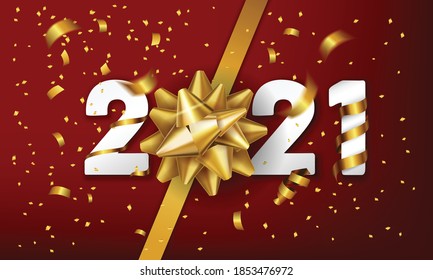 2021 Feliz Año Nuevo fondo vectorial con un regalo dorado arco y confeti. diseño de celebración de Navidad