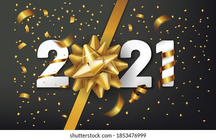 2021 Happy New Year vector background with golden gift bow and confetti. Christmas celebrate design