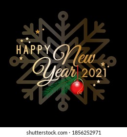 2021 Happy New Year vector sticker, label, card, banner plantilla mínima de diseño gráfico. Texto de saludo dorado, símbolo simple de copo de nieve, bola roja, ramas de árbol de abetos, estrellas, aislado en fondo negro