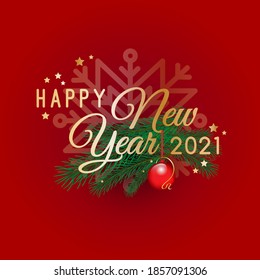 2021 Happy New Year vector card, web banner, label sticker, element of minimal graphic design. Golden greeting text, simple snowflake symbol, ball, fir tree branches, stars, isolated on red background