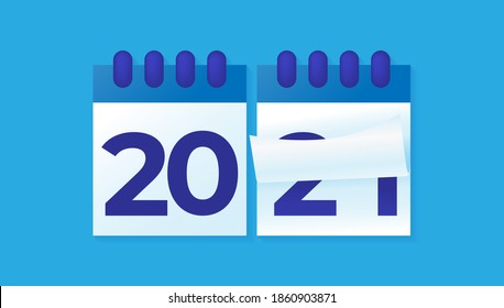 2021, happy new year vector. flip or open paper calendar to change 2020 to 2021. 3D and realistic style. for design element, calendar, background, banner, greeting card. blue white color. numbers 2021