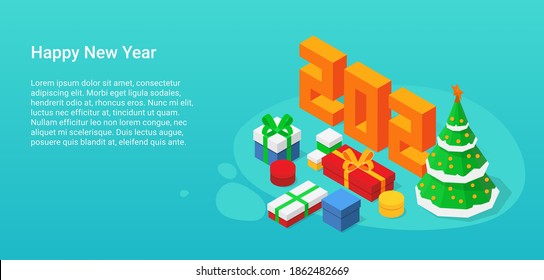 2021 Happy New Year vector banner. Dibujo vectorial isométrico de árbol y regalos. Isometric 2021 Feliz Año Nuevo. Diseño moderno 3D para invitación, postal, tarjeta de felicitación, volante, web
