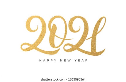 2021 Happy New Year. Vector golden text with gold glitter texture. Handwritten calligraphic print.