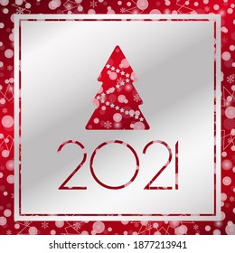 2021 Feliz año nuevo, tarjeta de saludo vectorial. Árbol de Navidad con fondo de copo de nieve. Cartel de celebración, felicitación, web, diseño, decoración