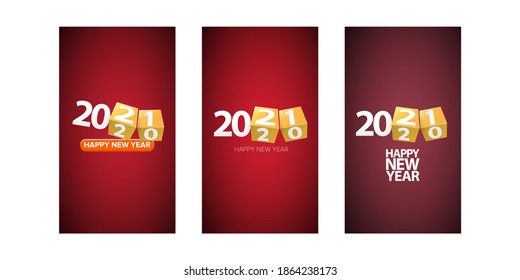 2021 Happy new year vertical banner background set or greeting card with text. vector 2021 new year numbers isolated on vertical red background. New year Stories design template set