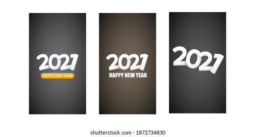 2021 Happy new year vertical banner background set or greeting card with text. vector 2021 new year numbers isolated on vertical grey background. New year Stories design template set