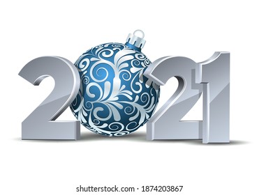 2021 Happy New Year. White Numbers Design of greeting card with blue christmas ball. Holiday vector illustration.