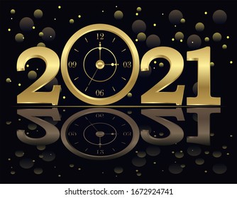 2021. Happy New Years. With Clock Gold And Black Design. Vector Illustration