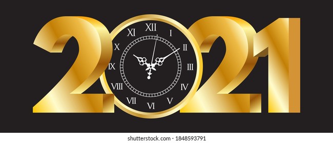 2021. Gute neue Jahre mit Uhrengold und schwarzem Design. Vektorgrafik
