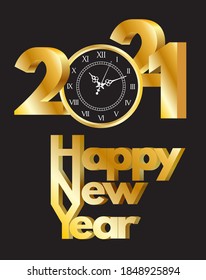 2021. Happy new years with clock gold and black design. Vector Illustration
