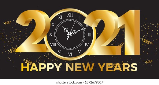 2021. Happy new years with clock gold and black design. Vector Illustration.