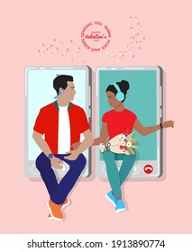 2021 Happy Valentine`s Day vector illustration. Couple of  happy young man and woman virtual online dating, video call meeting. Boyfriend and girl sit together at cell phone screens, holding hands