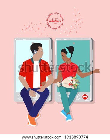 2021 Happy Valentine`s Day vector illustration. Couple of  happy young man and woman virtual online dating, video call meeting. Boyfriend and girl sit together at cell phone screens, holding hands