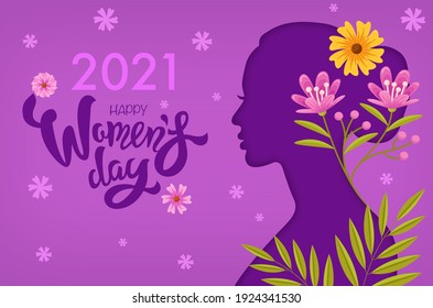 2021 Feliz Día de la Mujer, mujer con silueta morada en perfil lateral con flores en el pelo.